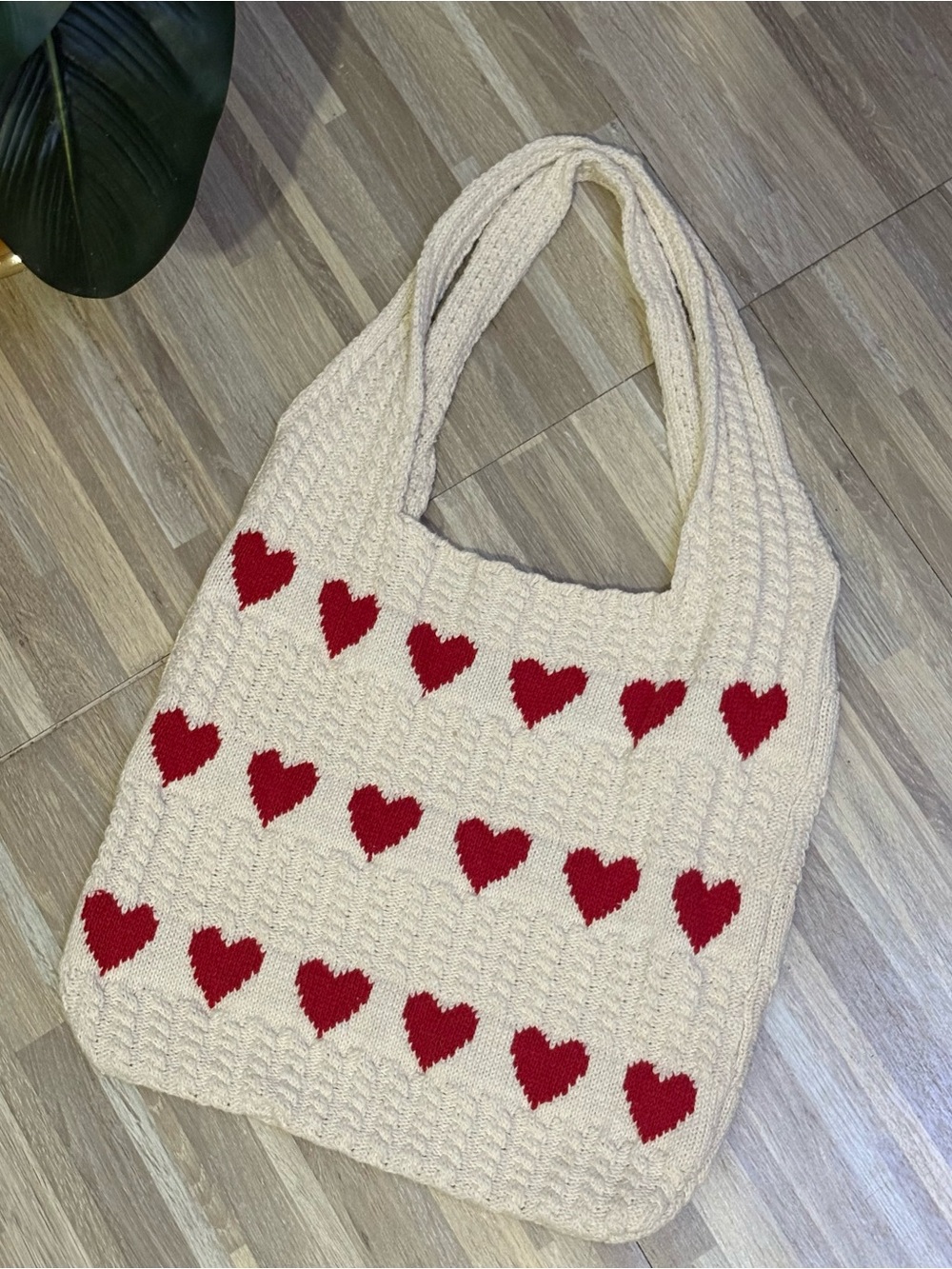 Cream Knit Heart Pattern Tote Bag with Red Accents